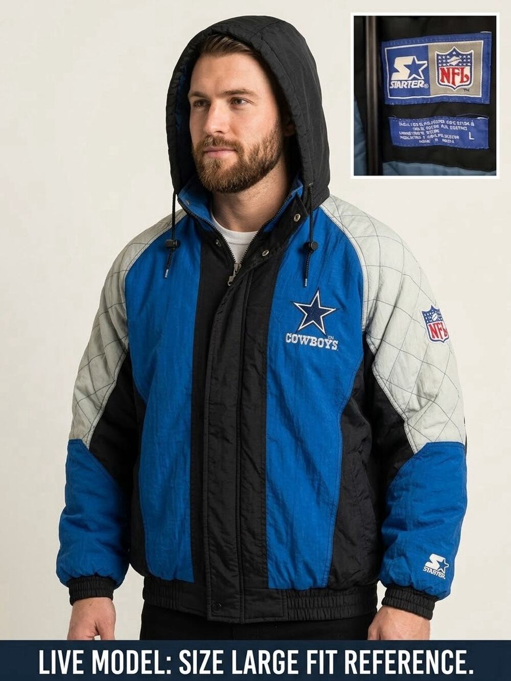 Vintage 90s Starter Dallas Cowboys Puffer Jacket Full Zip Hooded Mens Large NFL